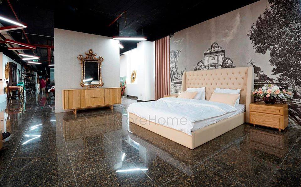 Giường ngủ bọc da màu kem